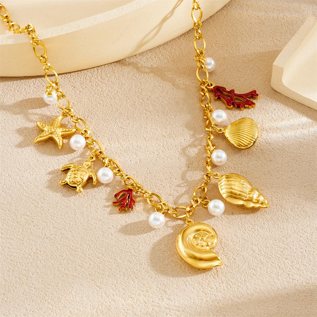

Cross-border Fashion Niche Design Diamond Starfish Conch Coral Oil-Drop Pendant Bamboo Chain Personalized Sporty Unisex Necklace золотий