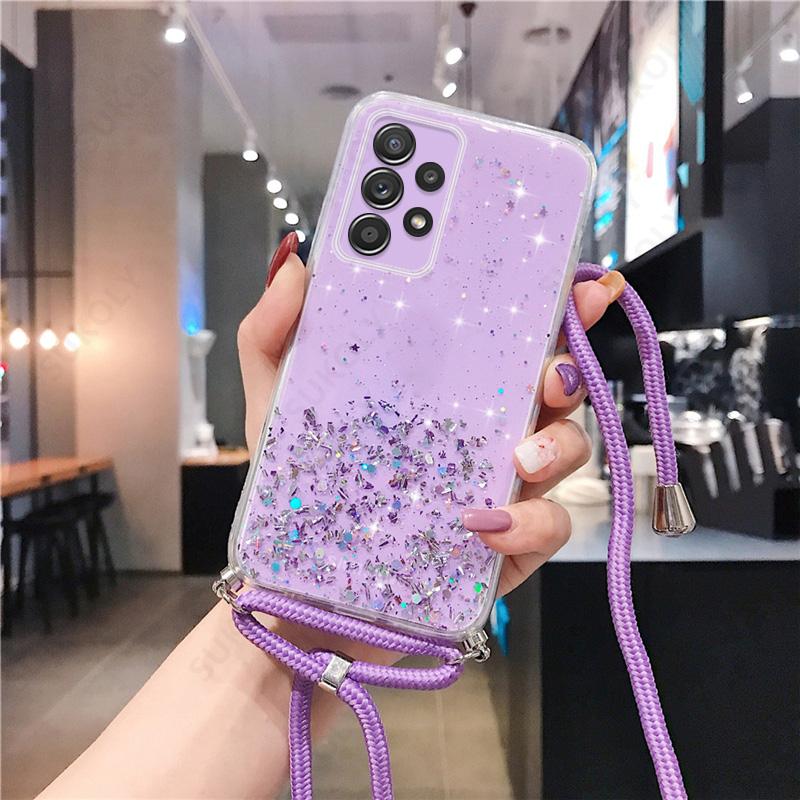 

Прозрачный блестящий чехол с шейным ремешком и шнуром для Samsung S23 S22 Ultra S21 S20 FE S10 A14 A24 A34 A54 A13 A23 A33 A53 A12 A22 A32 A52 A31 A51 A71 A50 Xiaomi 12T(pro) фиолетовый