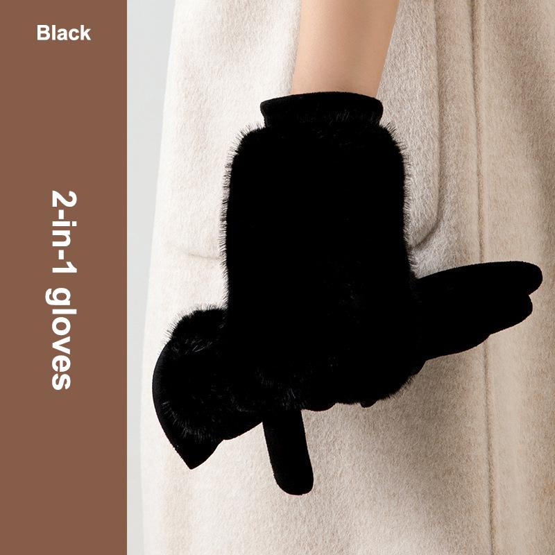 Thickened Suede Gloves For Women Cold Weather Winter Warm Gloves With Rabbit Faux Fur Can Detachable Thermal Lining Party Gloves