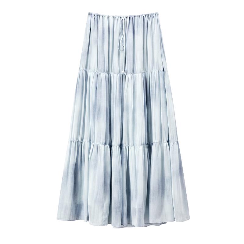 Women s Blue Gradient Pleated A-Line Long Skirt L