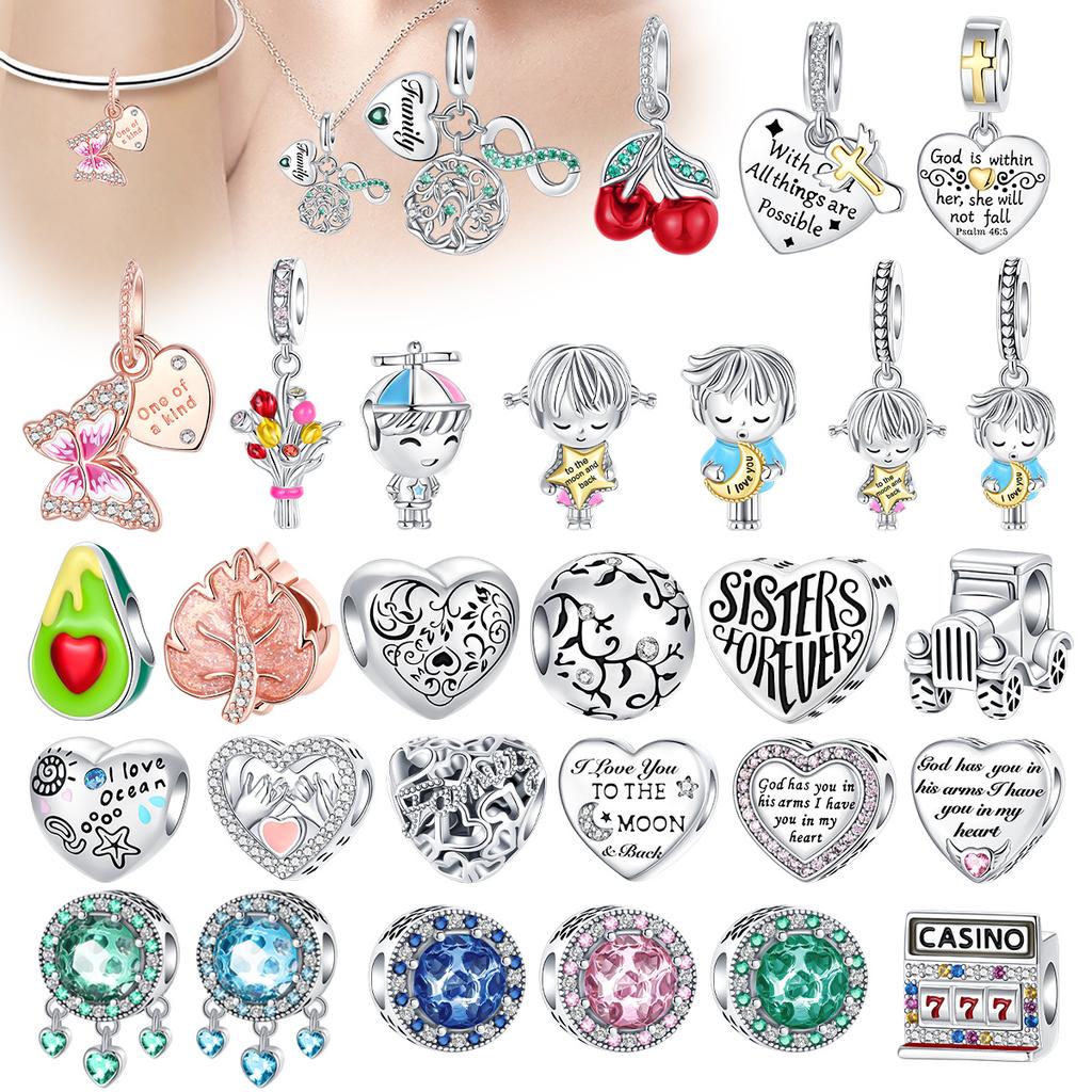 Boy Girl Pendant Heart-Shaped Flower Zircon Beads Jewelry Beads For Original Bracelet Plata De Ley Boutique Charms Gift