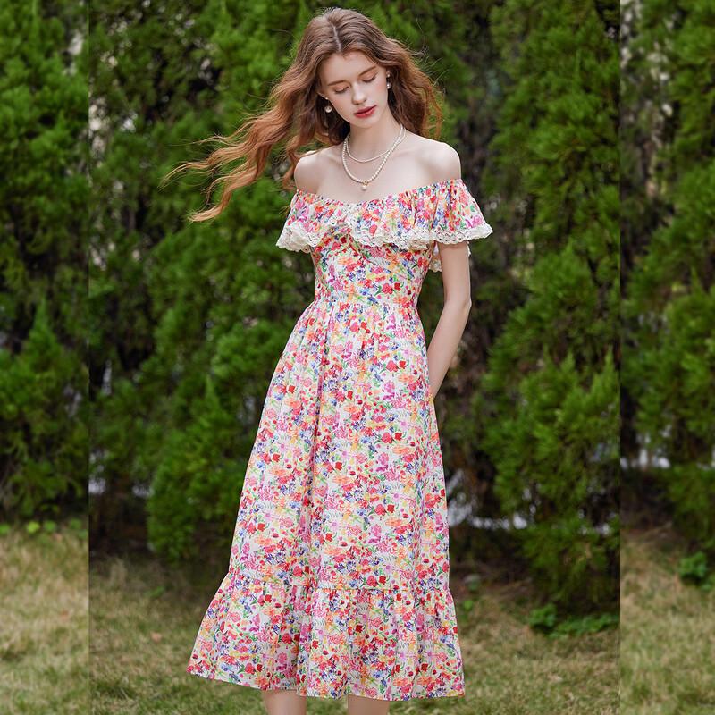 Elegant Floral Print Square Neck A-Line Summer Dress L