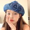 Fashion Blue Camellia Denim Fabric Trendy Beret Painter Cap Woman Elegant Vintage Hats Hat