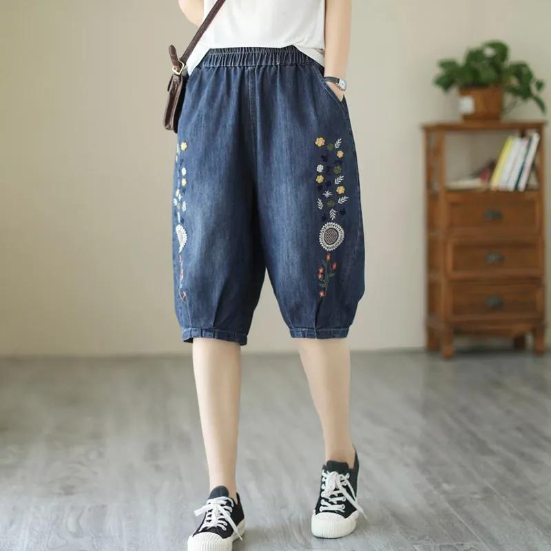 Women's Summer Korean-Style Elastic Waist Large-Pocket Denim Shorts - Loose-Fit Slimming Wide-Leg Pants