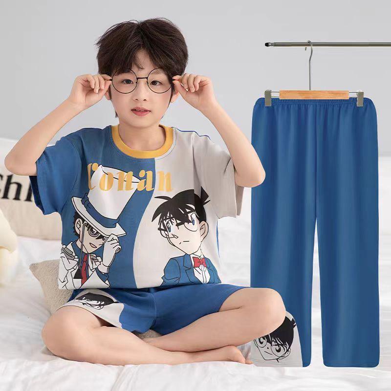Children's Summer Pajama Set: 3-Piece Short-Sleeve Top, Long Pants, Boys' Medium & Large Air Conditioning Suit