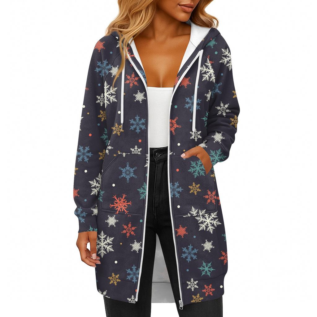 Women's Fashionable Christmas Printed Long Sleeved Drawstring Hooded Zipper Pocket Long Casual Sweatshirt Jacket