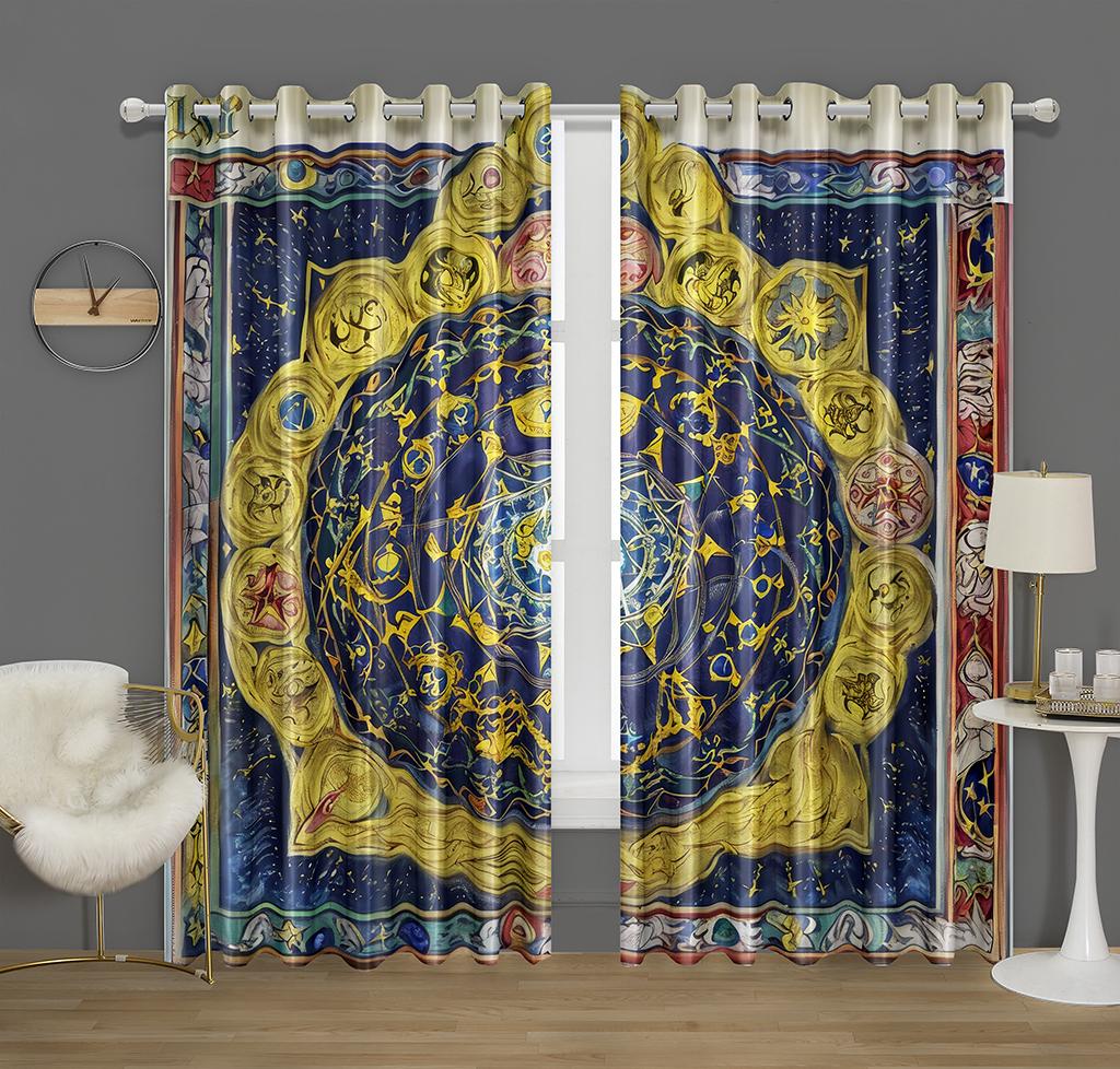 Mystic Zodiac Curtains 2 Panels 3D Print Sun Block Gold Blue Magic Pattern Bedroom Living Room Decor Starry Astrology Art