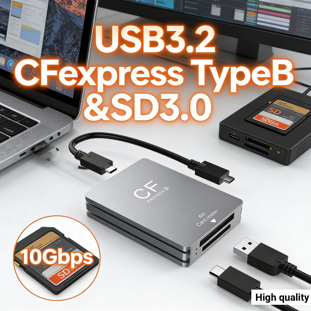 2 in 1 CFexpress Type B SD Card Reader CFexpress Card Adapter USB 3.2 10Gbps Dual-Slot Support Android/Windows/ OS for SLR