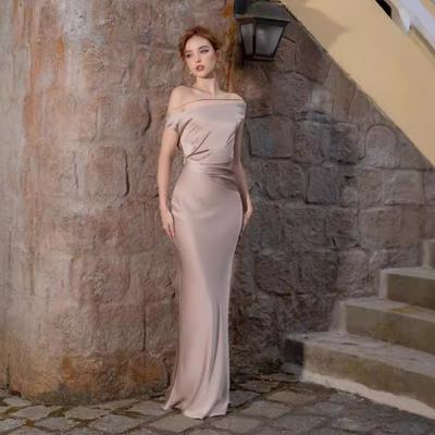 French Design Celebrity Dress Summer New European and American Slanted Shoulder Waist Thin Hip Dress