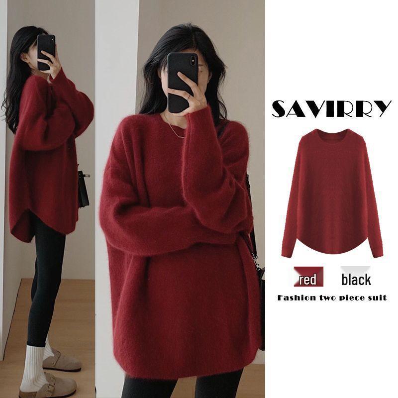 Women's Red Rabbit Year New Year Sweater - Autumn/Winter Knitted Top