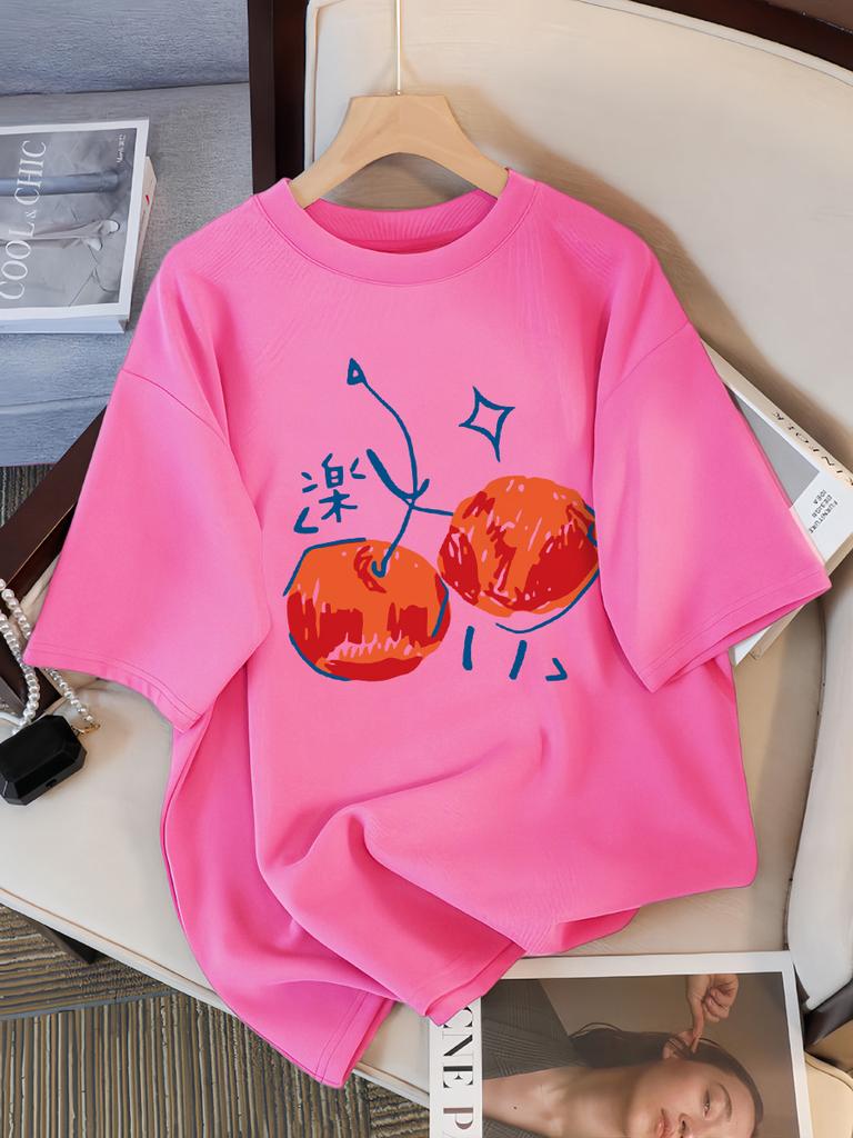 Cherry Illustration Prints Women T-Shirt Casual Sport Short Sleeve Breathable Summer T Shirt Cotton Street New Clothing