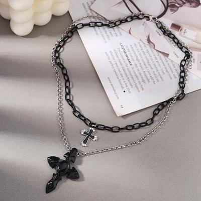 Fashion Multi-layer Cross Pendant Necklaces for Women Men Metal Steampunk Choker Necklace Hip Hop Jewelry Gifts