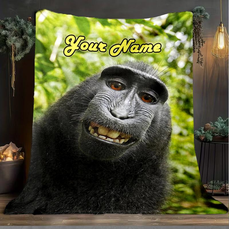 1PC Custom Name Monkey Selfie Photo Frame outdooor Flannel blankets Patterns Throw Blanket All-Season Soft Gift for Couch, Bed, Camping gifts