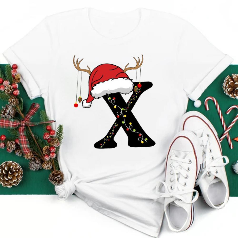 Christmas Hat A To Z Letters Tshirt Christmas Family Activity Sleeved Streetwear Harajuku Short Sleeve Casual Aesthetic Clothes