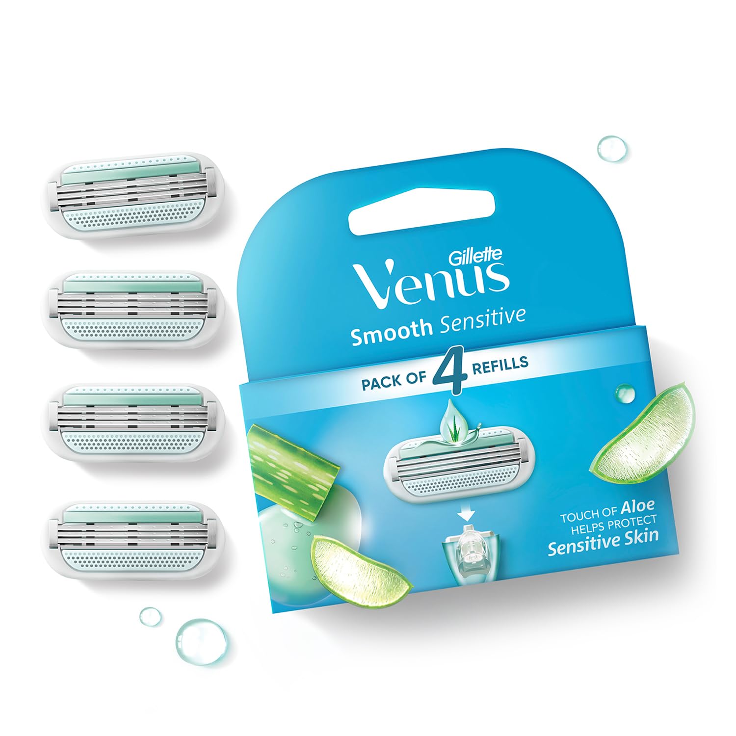 Gillette Venus Лезвия/Сменные кассеты/Картриджи для бритья (4 шт) для женщин - (Скользящая полоска с алоэ вера)