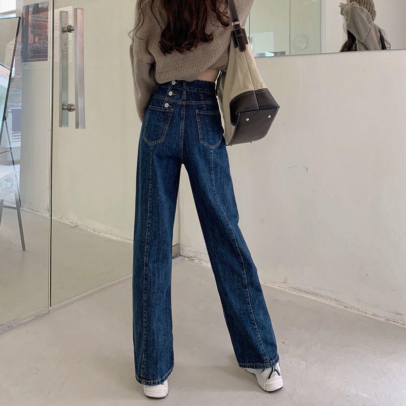 2024 Women's High-Waist Wide-Leg Straight Jeans in Dark Blue - Trendy and Versatile