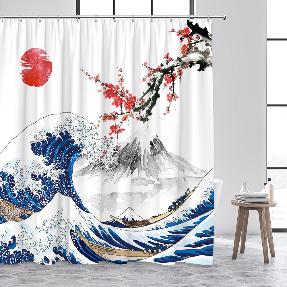 Japanese Style Shower Curtain Sea Wave Cherry Blossom Floral Ink Bamboo Mountain Scenery Bathroom Curtains Polyester Home Decor