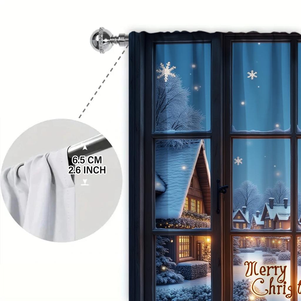 2 szt. Zimowa Noc Świąteczna Zasłona z Nadrukiem na Boże Narodzenie do Dekoracji Domu - Kieszeń na Karnisz, Dekoracja Okienna do Sypialni, Biura, Kuchni