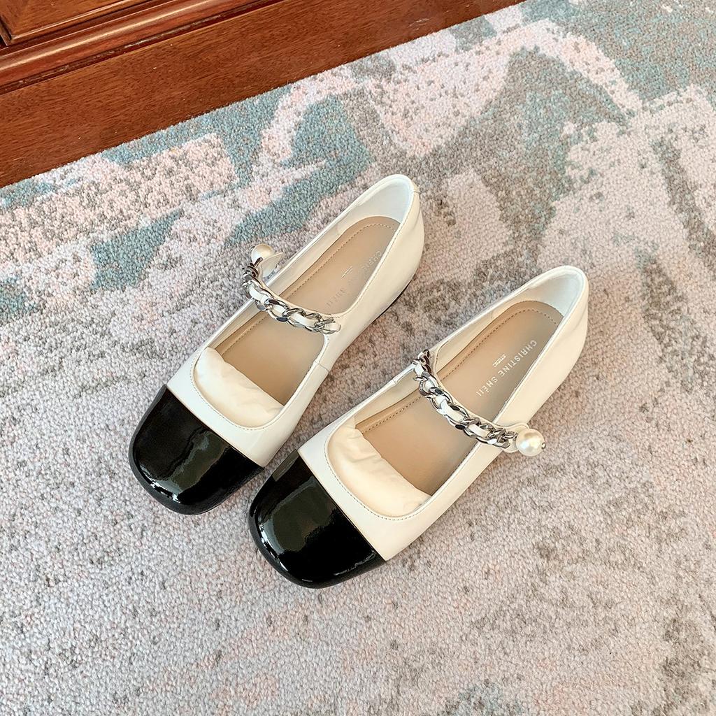 Sheepskin~ Su Yinyin's same Amiu rhinestone pearl buckle chain color matching Mary Jane shoes women's flat-bottomed light-mouth single shoes