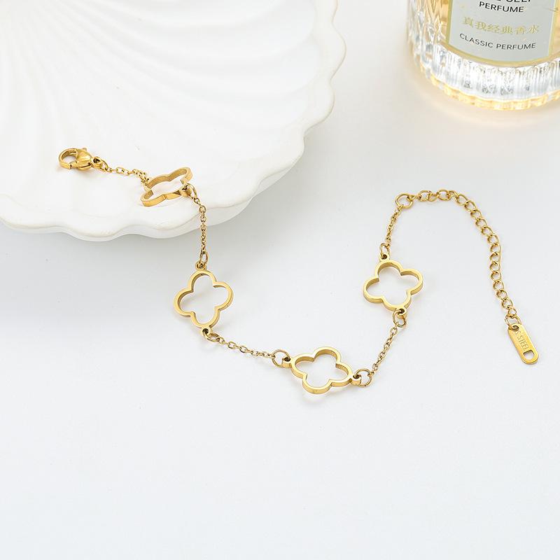 18K Gold Plated Stainless Steel Hollow Four-Leaf Clover Women's Bracelet