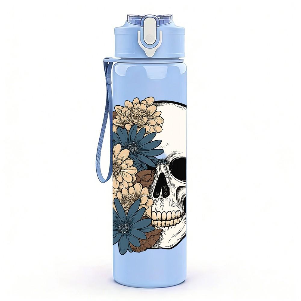 1PC Floral Vintage Skull 750ml Color Plastic Sports Water Bottle Leakproof Flip Straw Lid Suitable for Sports Office Home Use