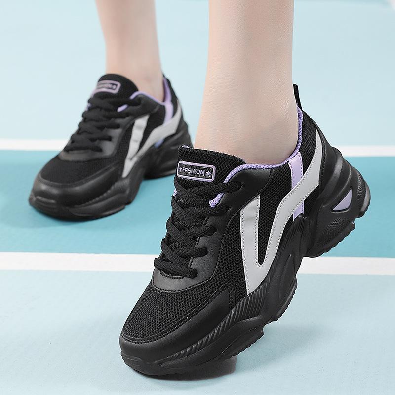All black platform dad shoes breathable mesh sports casual shoes light soft sole non-slip comfortable shoes