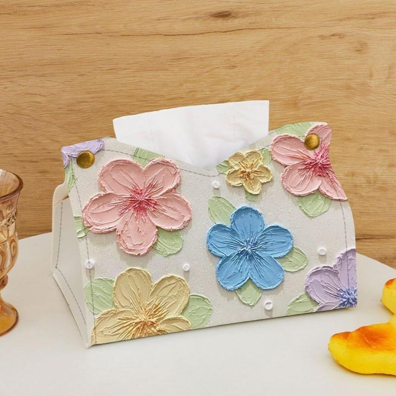 Artistic Colorful Flower Pattern Leather Tissue Holder Portable Napkin Dispenser Perfect For Home And Office Use