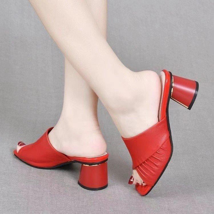 Soft leather cool slippers women's 2025 summer new women's versatile outer wear medium heel thick heel sandals fish mouth women's high heels