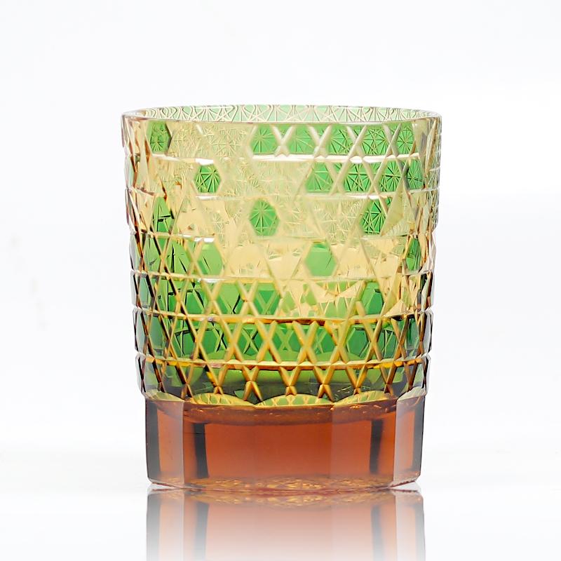 240ml Handmade Japanese Edo Kiriko Style Amber Whiskey Glass Tumbler for Home Bar Decor Rocks Bucket Cocktail Serving