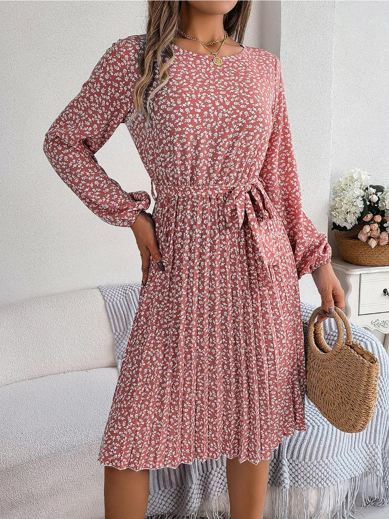 Ins Leisure Long Sleeved Floral Pleated Skirt Plus Size Dresses for Women Red Dresses for Women Elegant
