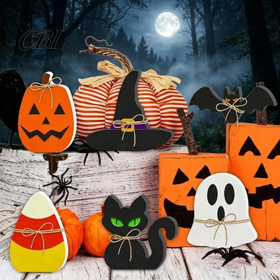 Tiered Tray Halloween Set 6Pcs Decor, Ghost Black Cat Mummy Figurines, Pumpkin Witch Decorations Hat Bat Wooden Ornaments for Shelf Table, Party