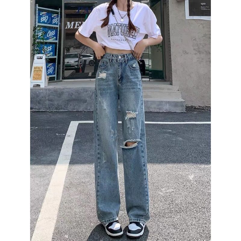 

Рваные джинсы, новинка 2023 года, женские тонкие прямые красные брюки в стиле ретро, ​​тонкие прямые широкие брюки с высокой талией