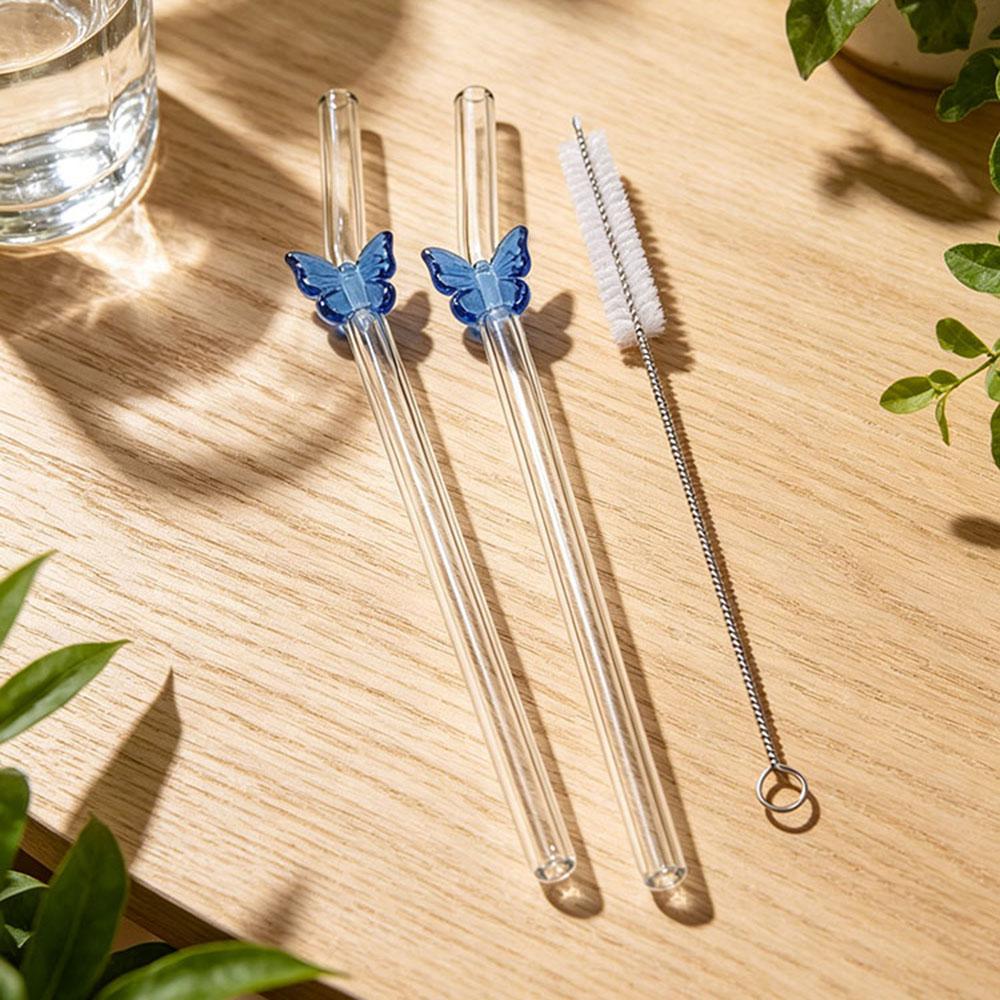 3Pcs Cute Butterfly Straw Reusable Glass Tube Durable Straws For Smoothie Cocktail Juice Smoothie Drinks