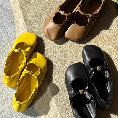 Retro Pleated Square-toe Single Shoes, One-strap Soft-soled Flat Shoes, Flat Women's Shoes