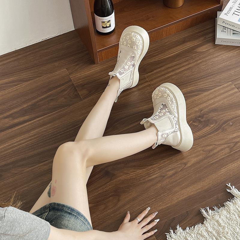 Women's Shoes 2025 New Hot Sale Slip On Women's Vulcanize Shoe Spring Round Toe Net Cloth Breathable Mid Heel Sport Shoes Ladies