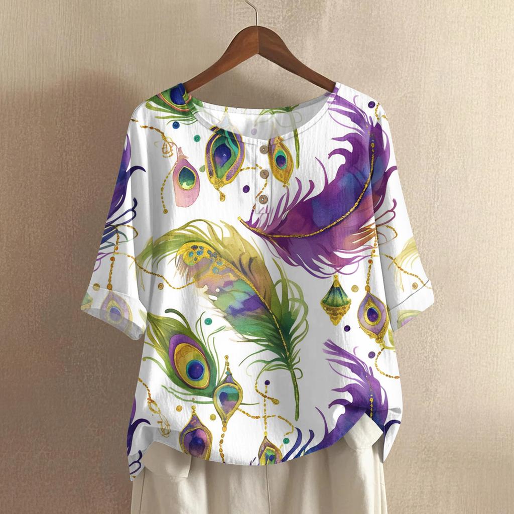 Women's Casual And Comfortable Mid-Length Round-Neck Fashion Print Cotton-Linen Top