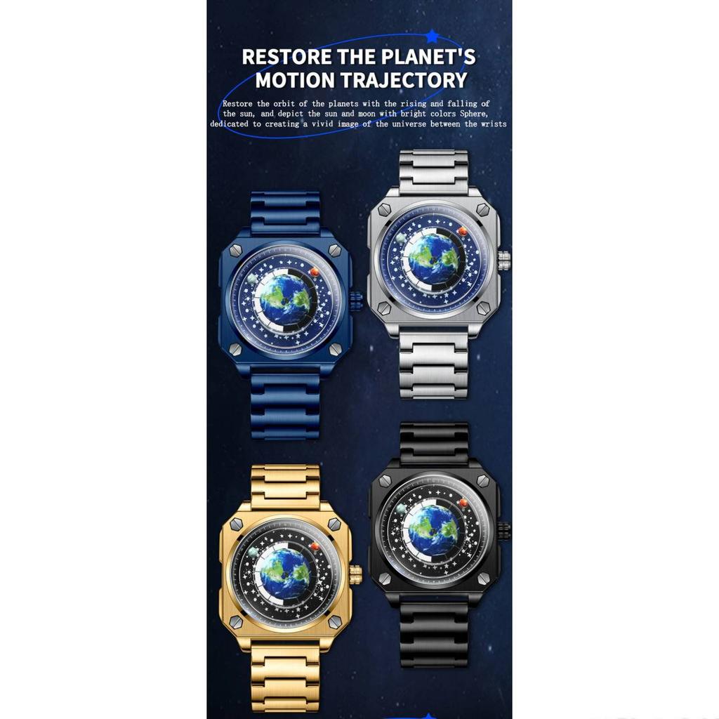 Concept Wandering Earth Pattern Watch Herren-Armbanduhr, quadratisch, blauer Planet, drehbar, Edelstahl, wasserdicht, Quarzuhrwerk