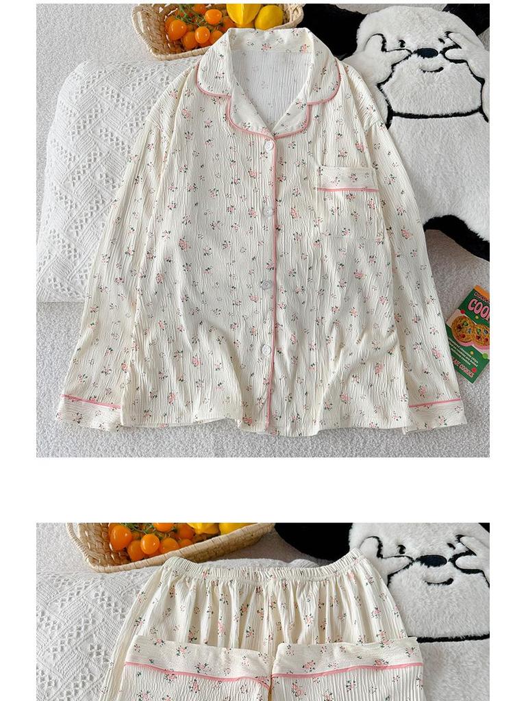 Women's High-End Crinkle Fabric Pajama Set - Long-Sleeved, Long Pants, Autumn Cardigan, Sweet Floral Pattern, Suitable for Outdoor and Home Wear.