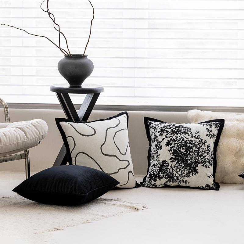 Modern Black White Chenille Jacquard Cushion Cover | French Luxury Throw Pillow Sofa Bedroom Decor Geometric Boho Home Accent