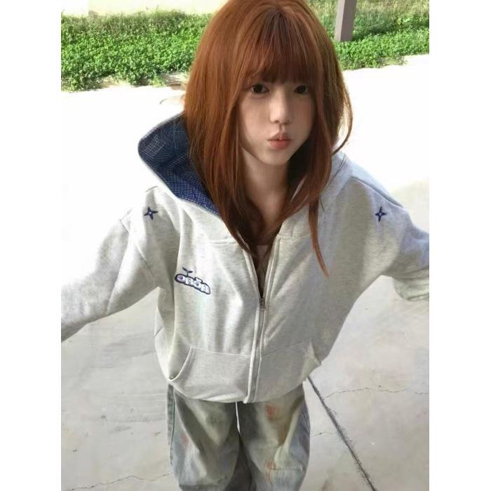American Style Women s Embroidered Plaid Hoodie with Fleece Lining - Cotton Blend, Autumn/Winter High-End Loose Fit. Small