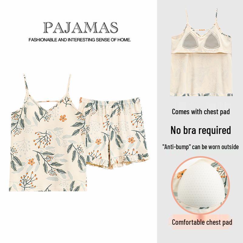 Women's Summer Cotton Camisole & Shorts Set with Built-in Bra