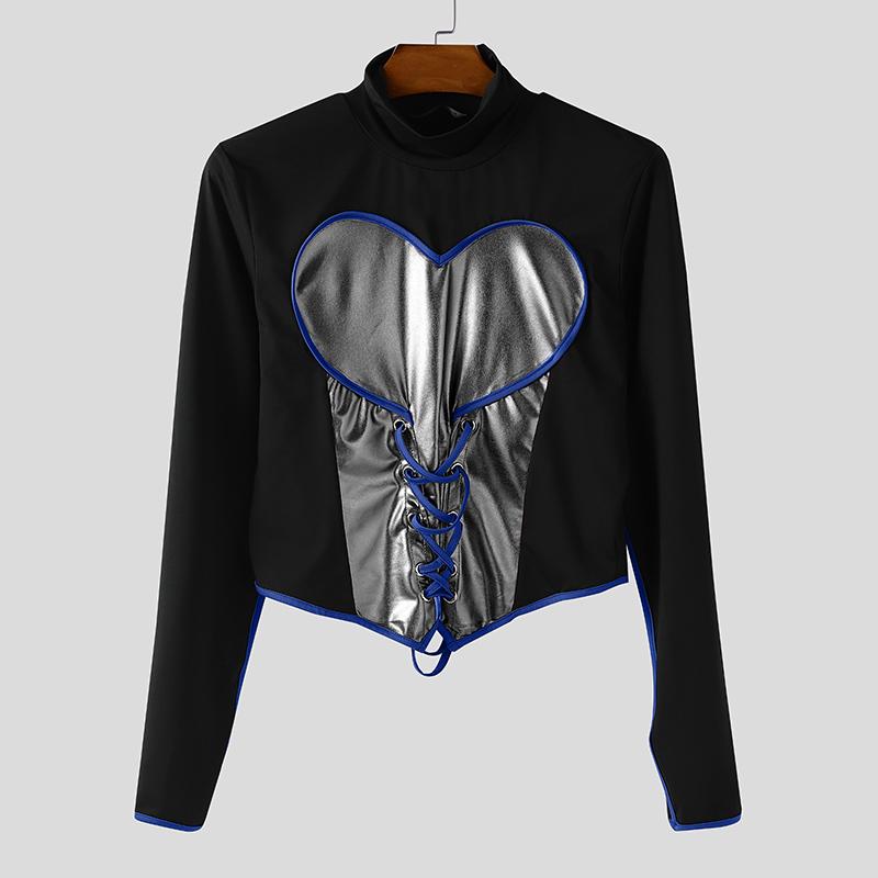 

INCERUN Мужские топы и футболки с высоким воротником, длинным рукавом, бандажным дизайном, ПУ-вставками, в стиле кэжуал, укороченные 5XL серебряный