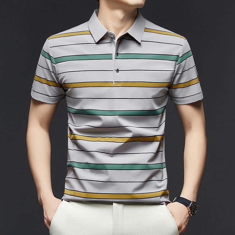 Short Sleeved Men's Polo Shirt Summer New Business Casual Striped Thin Ice Silk T-shirt Base Shirt