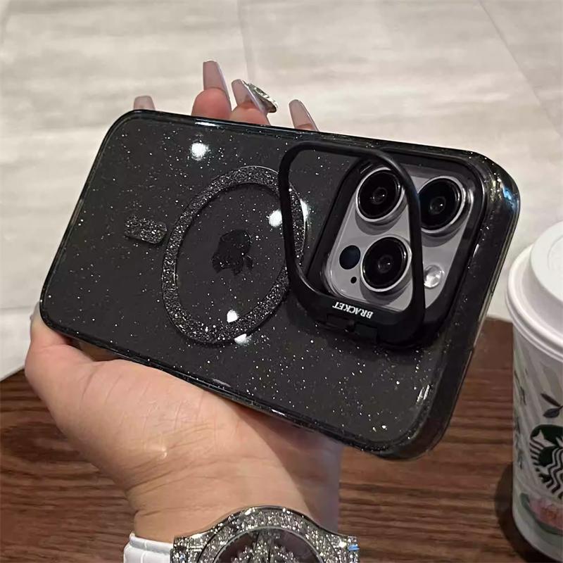 Für Magsafe Magnetisches Kabelloses Laden Glitzer Klare Hülle Für iPhone 15 14 13 12 11 Pro Max Kamera Faltbarer Halter Stoßfeste Hülle