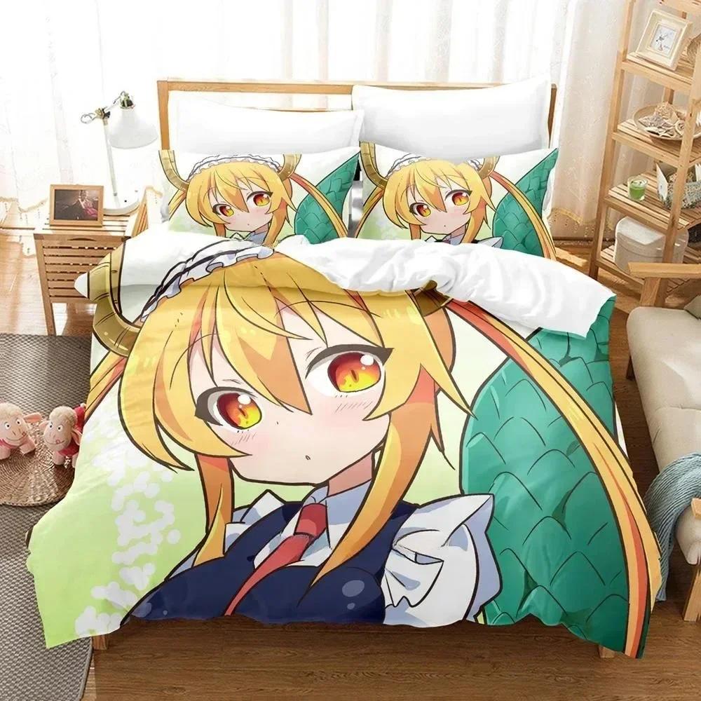 3D Kawaii Girl Miss Kobayashi's Dragon Maid Bedding Set Anime Three-piece Set Adult Kid Bedroom Duvet Cover Sets Home Textiles