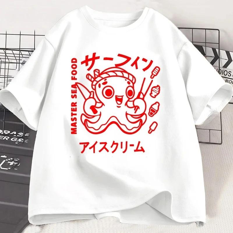 Japanese Octopus Graphic Print T Shirt Funny Y2k Vintage T-shirt for Women Soft Short Sleeve Unisex Casual Tops Women Clothing