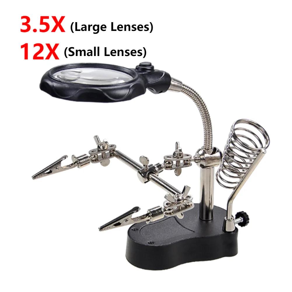 Auxiliary Clip Loupe Welding Magnifying Glass with LED Light 3.5X-12X Lens Desktop Magnifier Third Hand Soldering Repair Tool