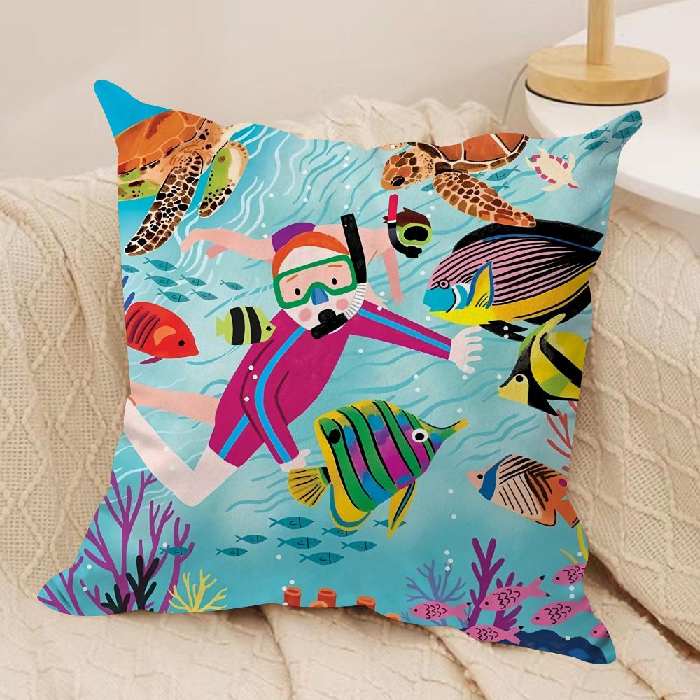 Marine Animals Summer Ins Cushion Cover Silky Short Plush Invisible Zipper Dustproof Sofa Pillow Case For Home Decor