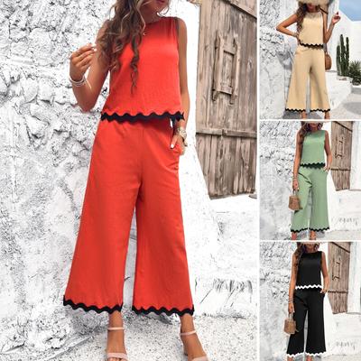 Fashion Contrasting Printed Crop Vest Pants Suit Elegant Women V Neck Sleeveless Tops Wide Leg Pants Set Chic Female Outfits Plus Size