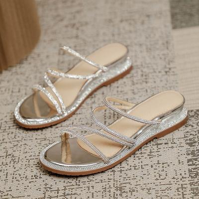 Fashion Flat Sandals Summer New Round Head Open Toe Crystal Fine with Soft Sole Anti-slip Wear-resistant Low Heel Slippers